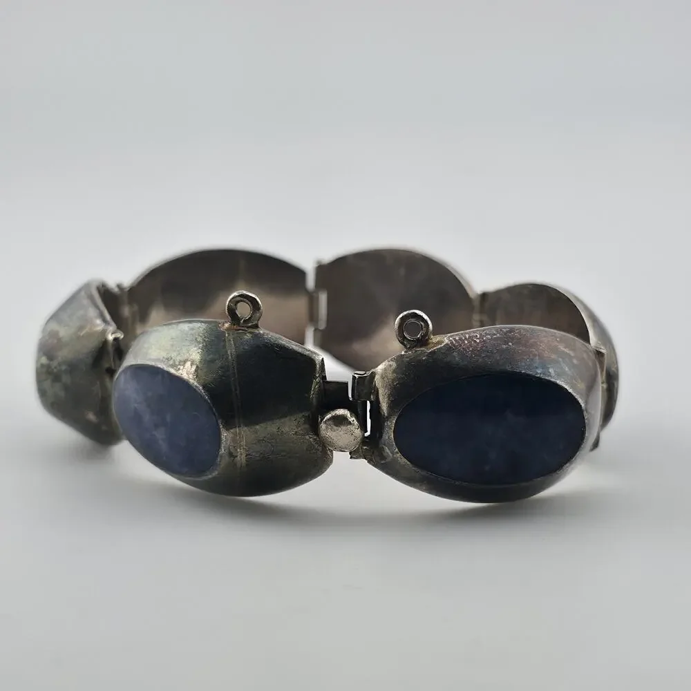 Vintage Taxco Mexico 925 Sterling Silver Blue Sodalite Link Bracelet 6.75 Signed